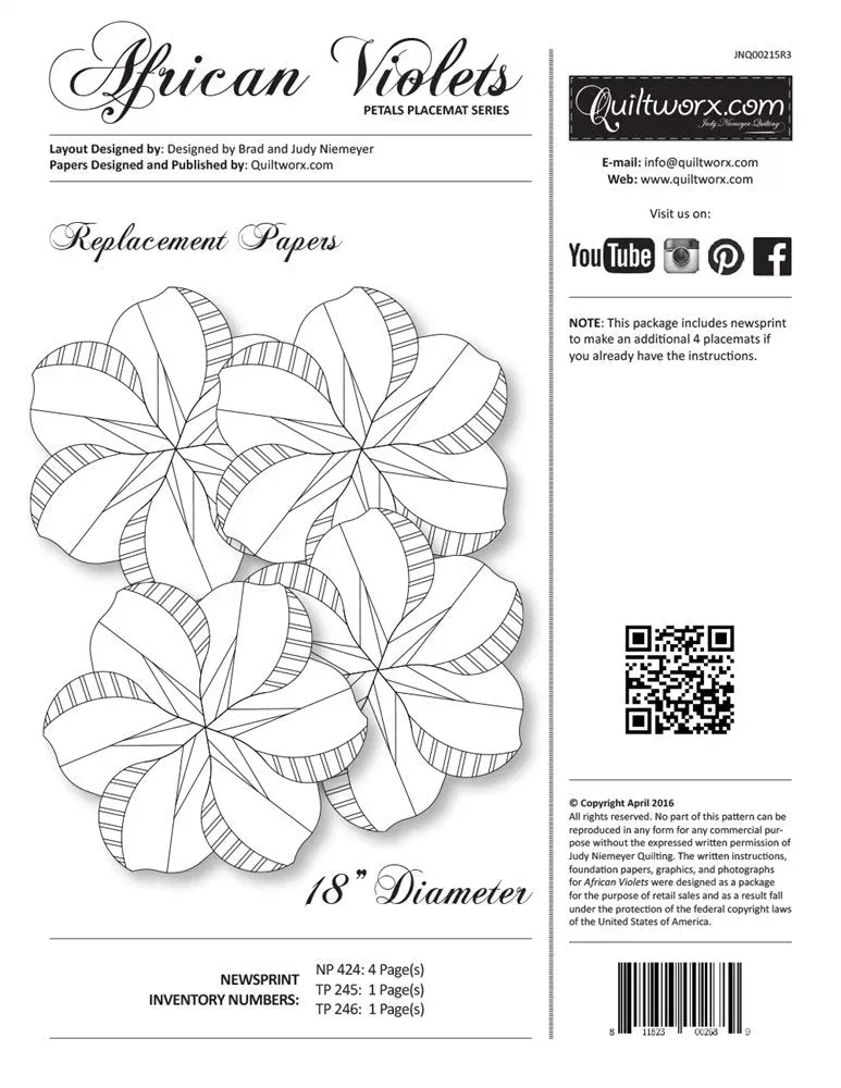 African Violets Placemat REPLACEMENT Papers by Quiltworx