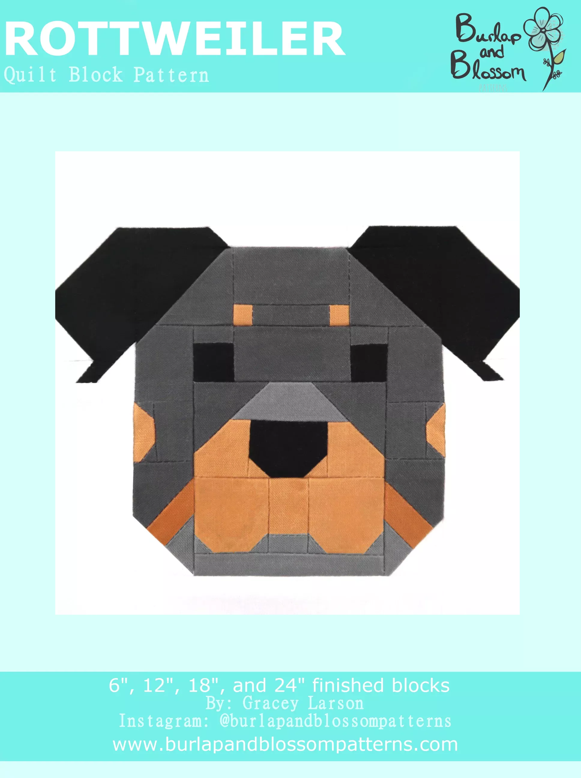 Pattern, Rottweiler Quilt Block by Burlap and Blossom (digital download)
